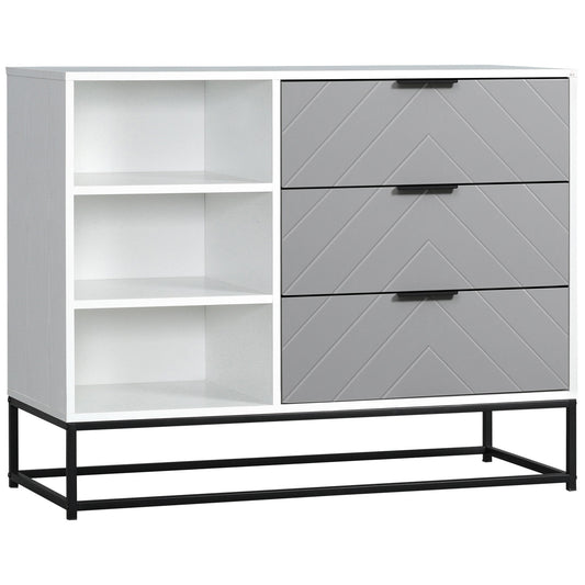 Modern Storage Cabinet with 3 Chevron Pattern Drawers and 3 Open Selves, Accent Cabinet with Steel Base for Living Room, White - Gallery Canada