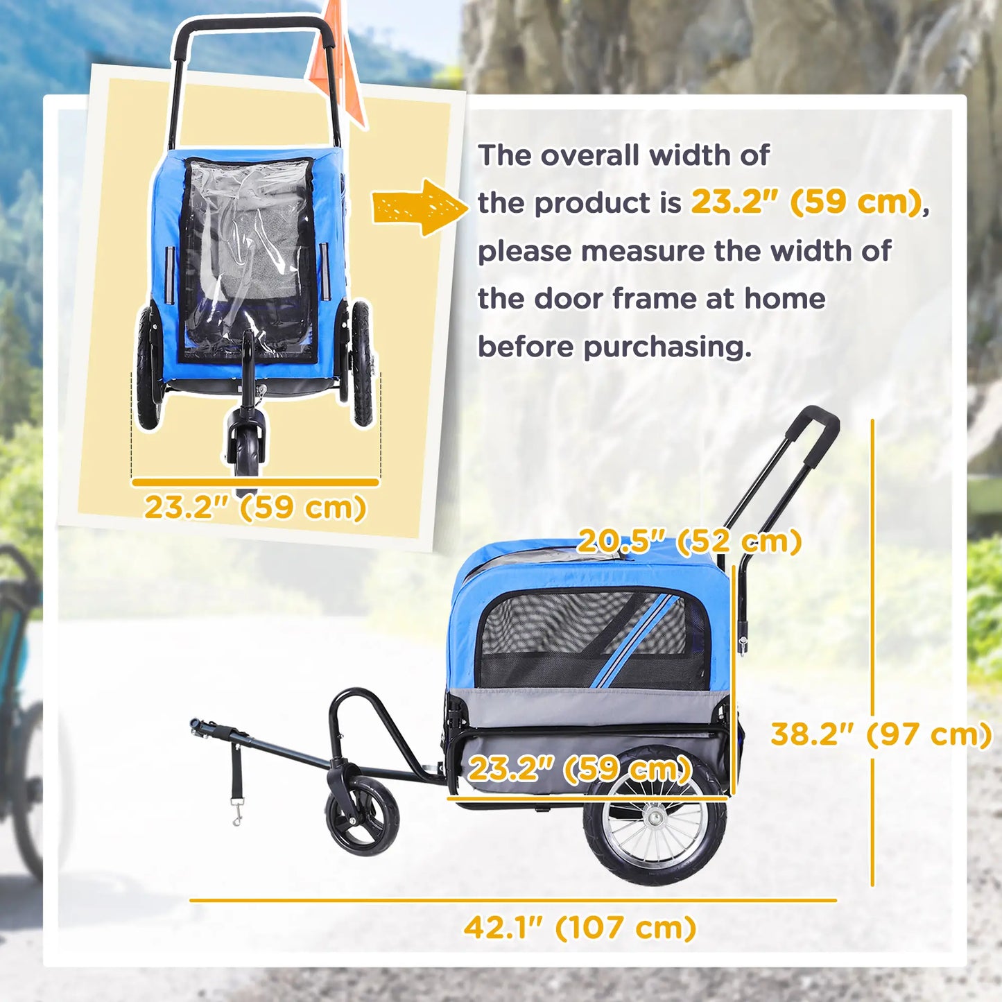 Dog Bike Trailer 2-In-1 Pet Stroller Cart Bicycle Wagon Cargo Carrier Attachment for Travel with 360 Swivel Wheel, Hitch, Suspension, Safety Flag, Blue Dog Bike Trailers & Strollers at Gallery Canada