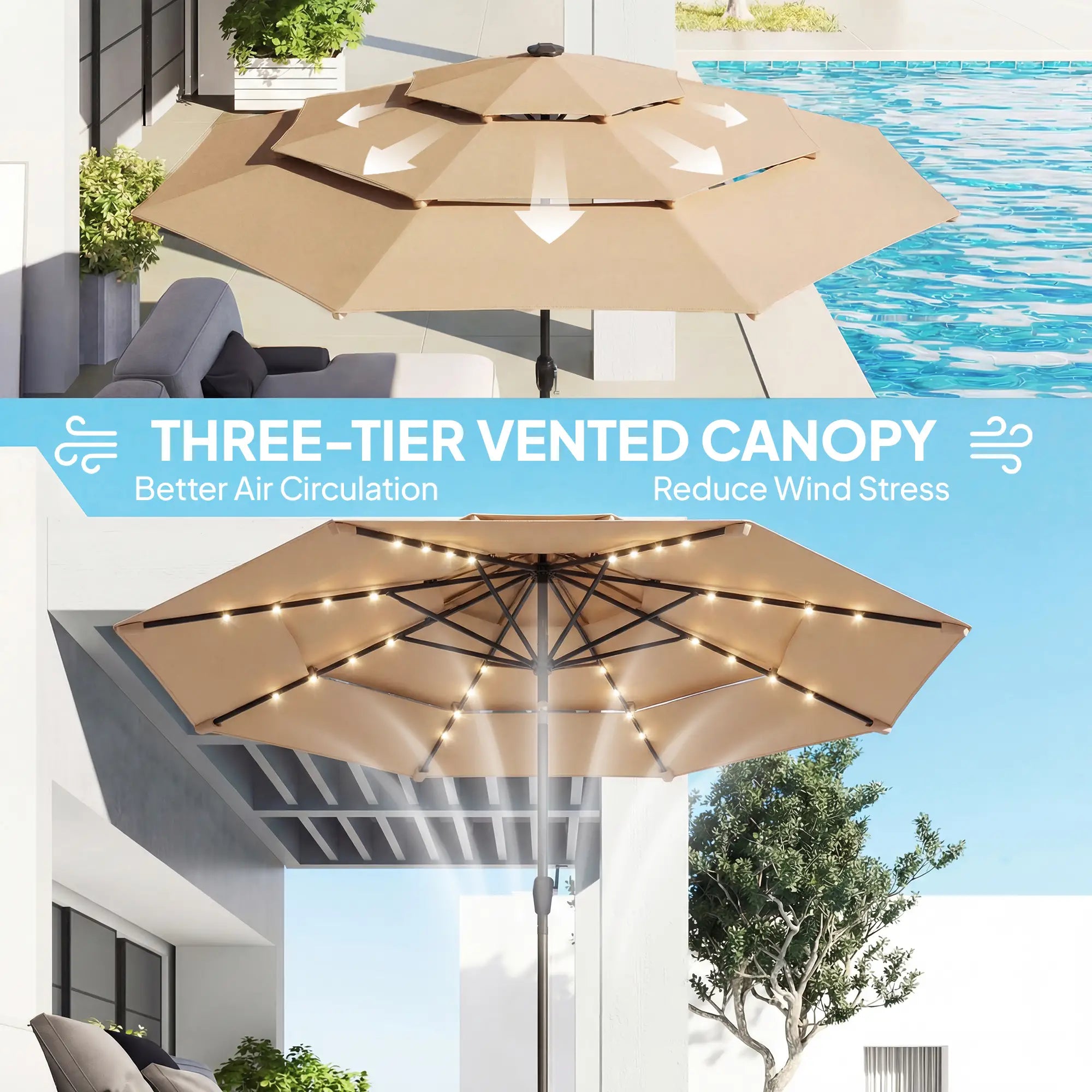 9.3 ft Patio Umbrella With Solar LED Lights, Cover, Tilt, Crank, Khaki Sun Umbrellas at Gallery Canada