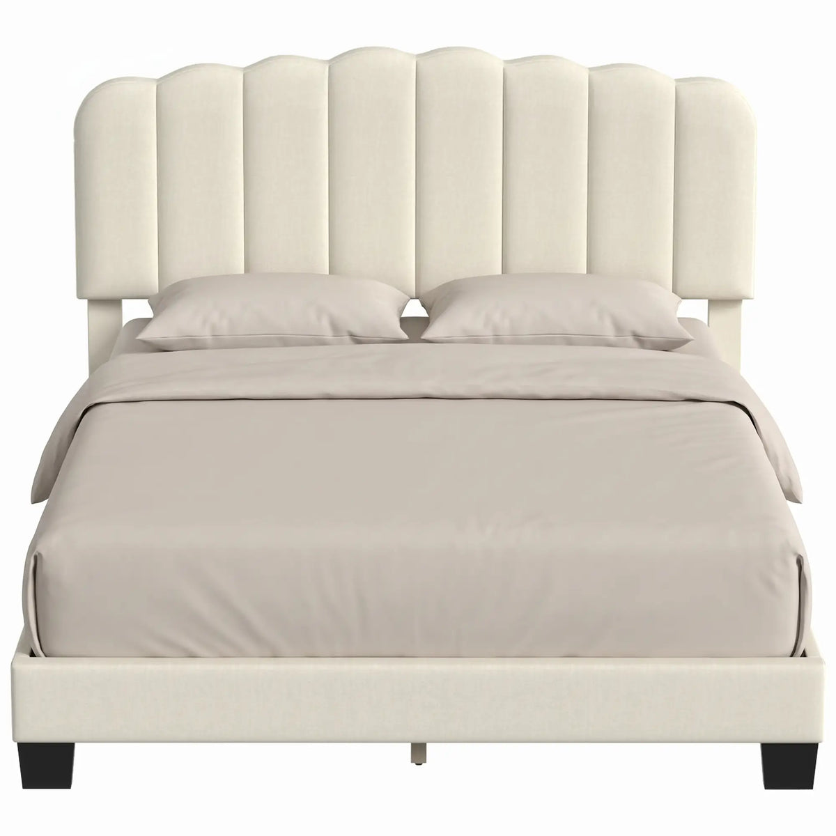 Queen Size Bed Frame, Adjustable Headboard, Linen-Feel Upholstered, Beige