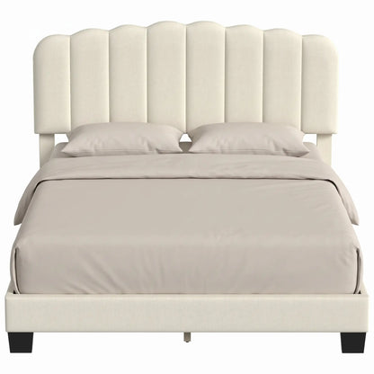 Queen Size Bed Frame, Adjustable Headboard, Linen-Feel Upholstered, Beige