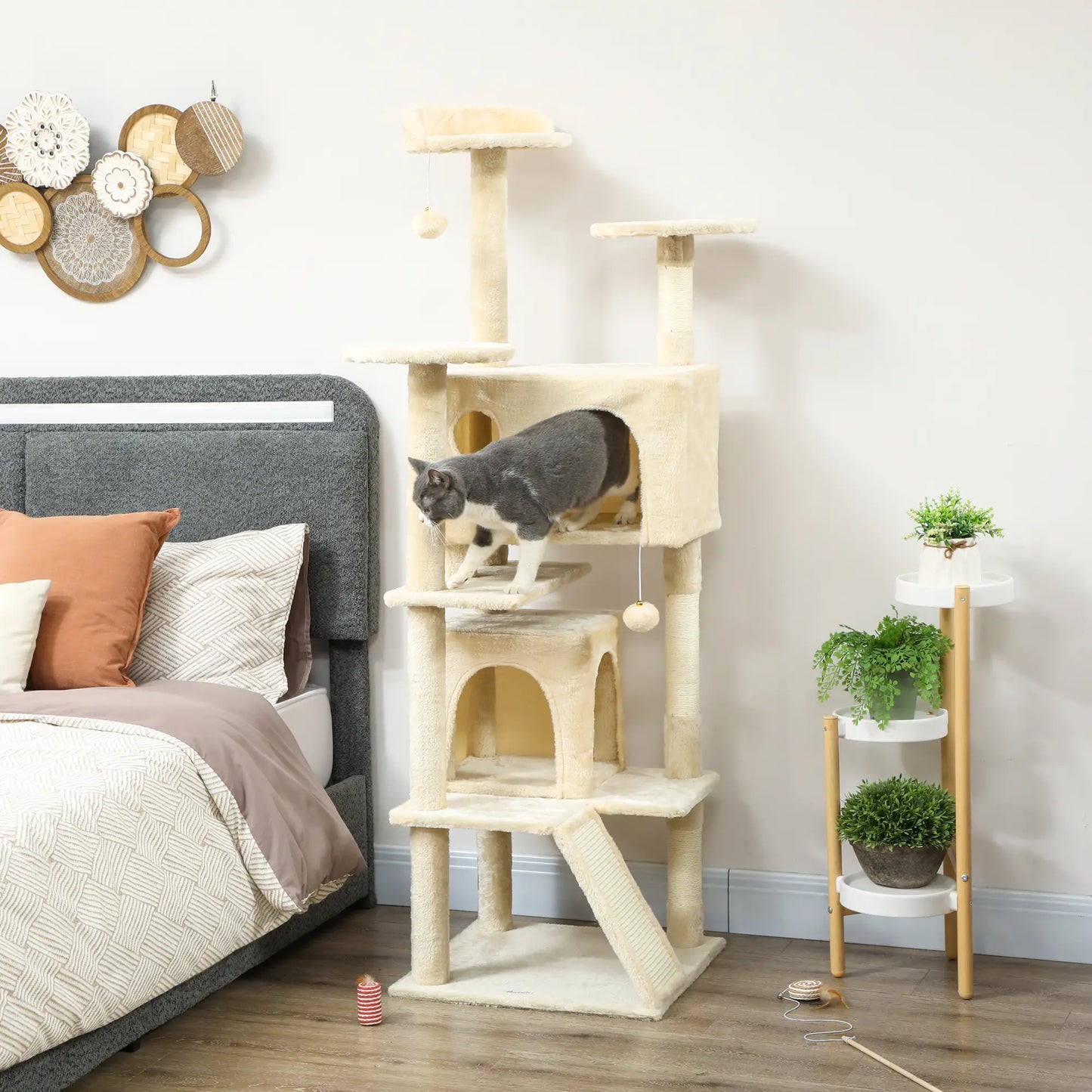 63" Cat Tree, Multi-Level Cat Tower With Scratching Posts, Bed, Cream White