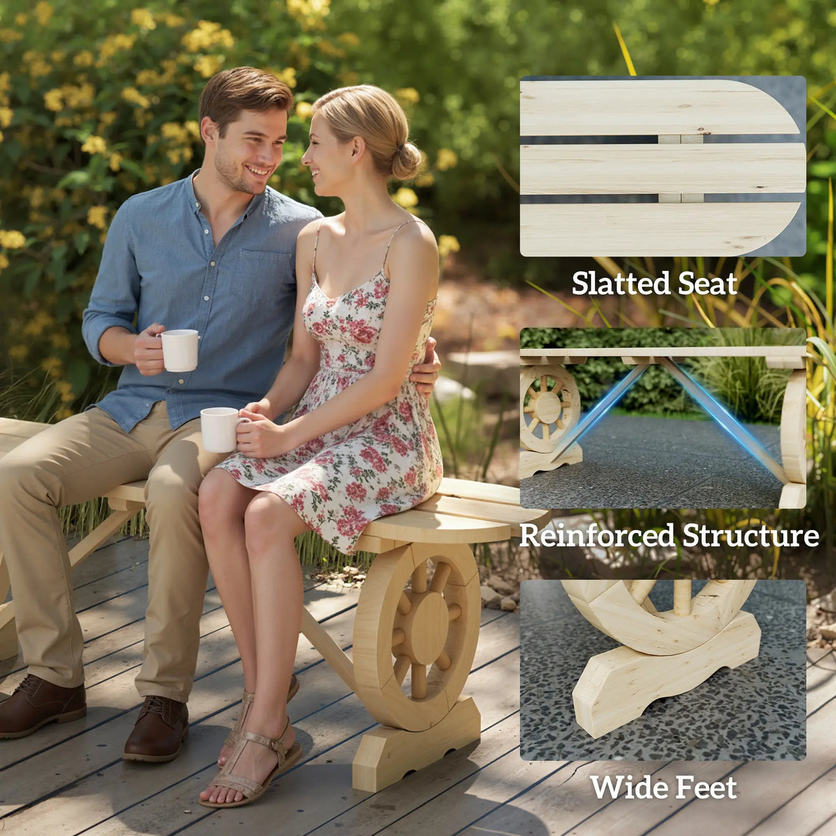 2-Person Wood Garden Bench, Wagon Wheel Legs, Slatted Seat, Natural Wood Outdoor Benches at Gallery Canada