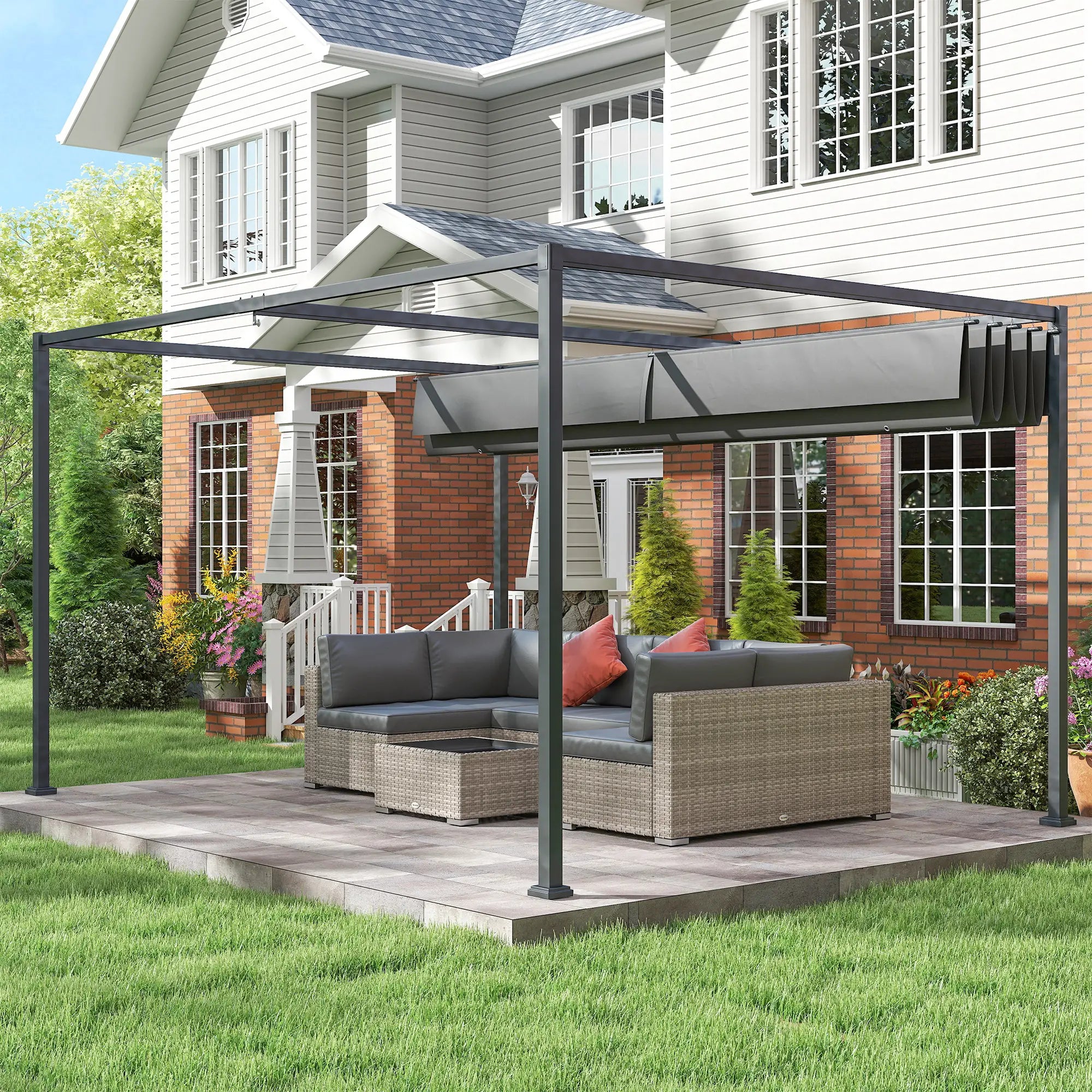 13' x 10' Patio Pergola, Retractable Canopy, Dark Grey Pergolas at Gallery Canada