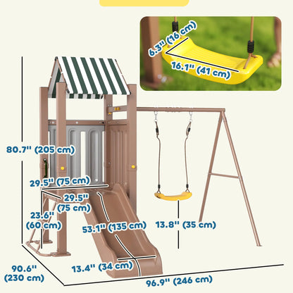4-in-1 Kids Swing Set with Slide, Fort, Ladder, Stakes, Ages 3-8, Brown Gym Sets & Swings at Gallery Canada