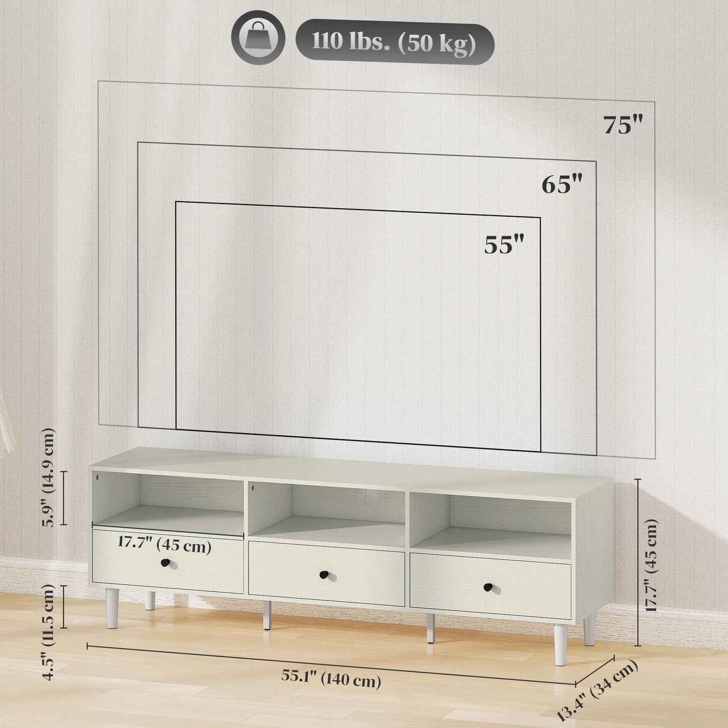 Support TV pour 75 Pouces, 3 Étagères de Rangement, 3 Tiroirs, Blanc