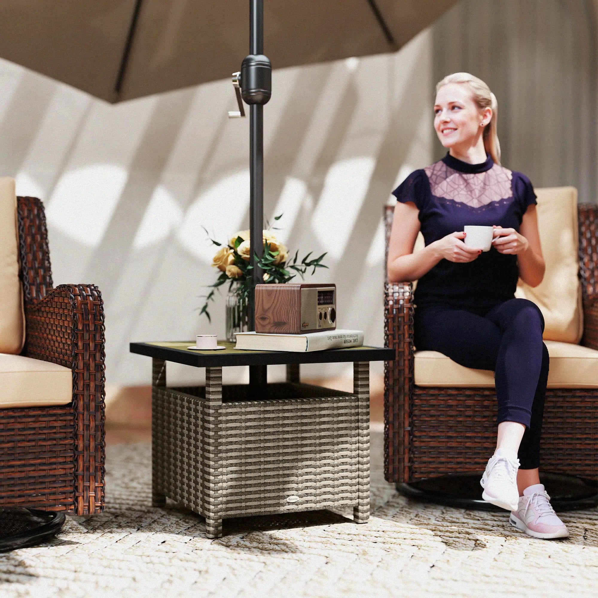 22 Square Steel Rattan Table, Umbrella Hole, Outdoor Patio, Mixed-Grey Patio Dinning Tables at Gallery Canada