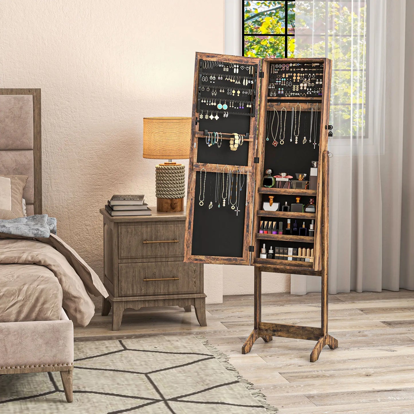 Lockable Mirror Jewelry Cabinet, Full-Length, 3 Adjustable Angles, Rustic Brown Jewelry Armoire & Jewellery Mirror Cabinets at Gallery Canada