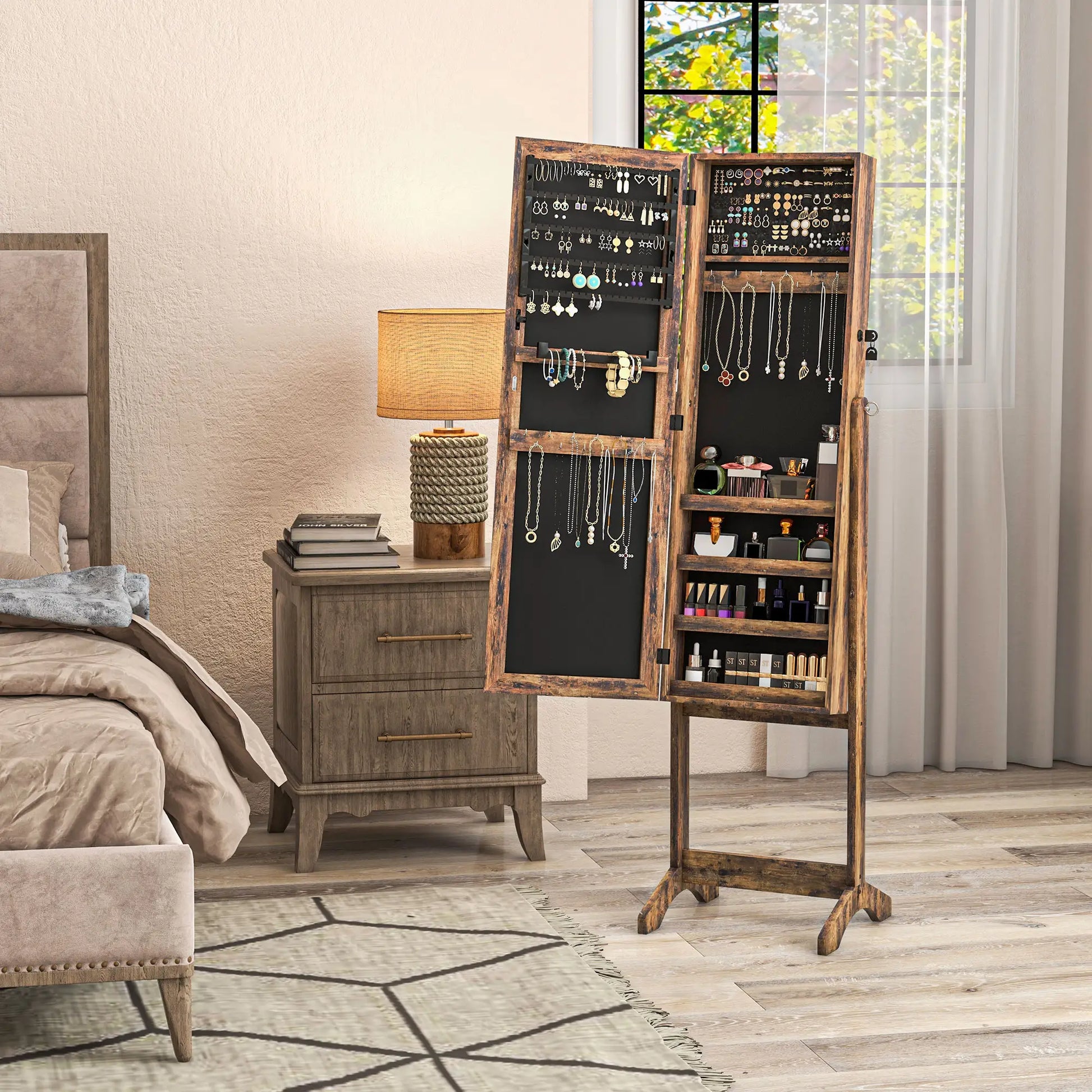 Lockable Mirror Jewelry Cabinet, Full-Length, 3 Adjustable Angles, Rustic Brown Jewelry Armoire & Jewellery Mirror Cabinets at Gallery Canada