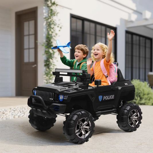 12V Ride On Police Car, 2 Seater, For Kids 3-8 Years, Remote Control, LED Lights, MP3, Black Electric Toy Cars Black at Gallery Canada