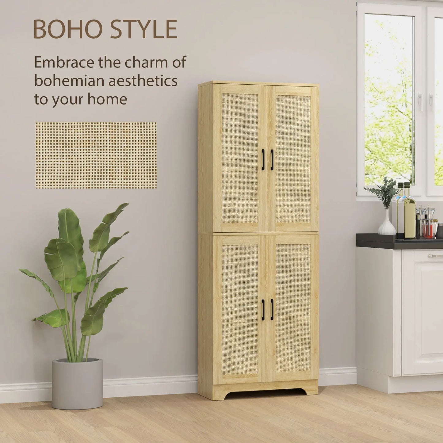 67" Tall Kitchen Pantry, Freestanding Cabinet, 4 Rattan Doors, Adjustable Shelves, Oak Storage Cabinets at Gallery Canada