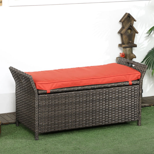 2-In-1 Outdoor PE Rattan Storage Bench, 29 Gallon, Red Patio Storage Boxes Brown Rattan, Red Cushion at Gallery Canada
