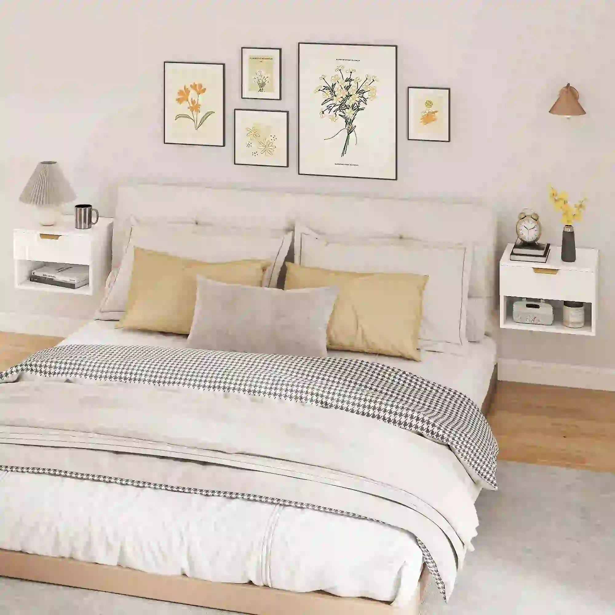 Floating Nightstands, Set of 2 with Drawer and Shelf, White Bedside Tables at Gallery Canada