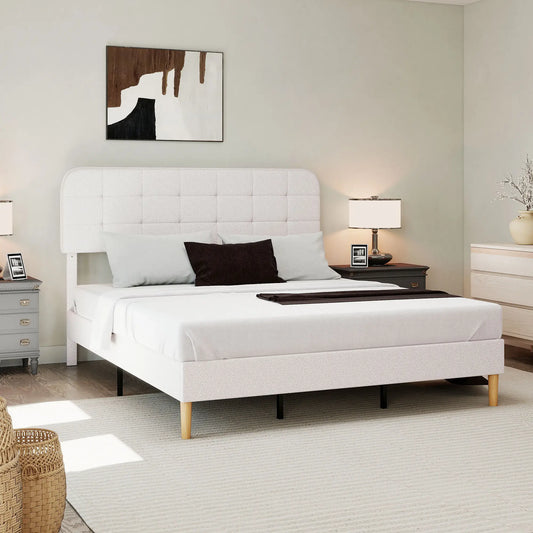 King Size Bed Frame, Adjustable Headboard, Upholstered Platform, White