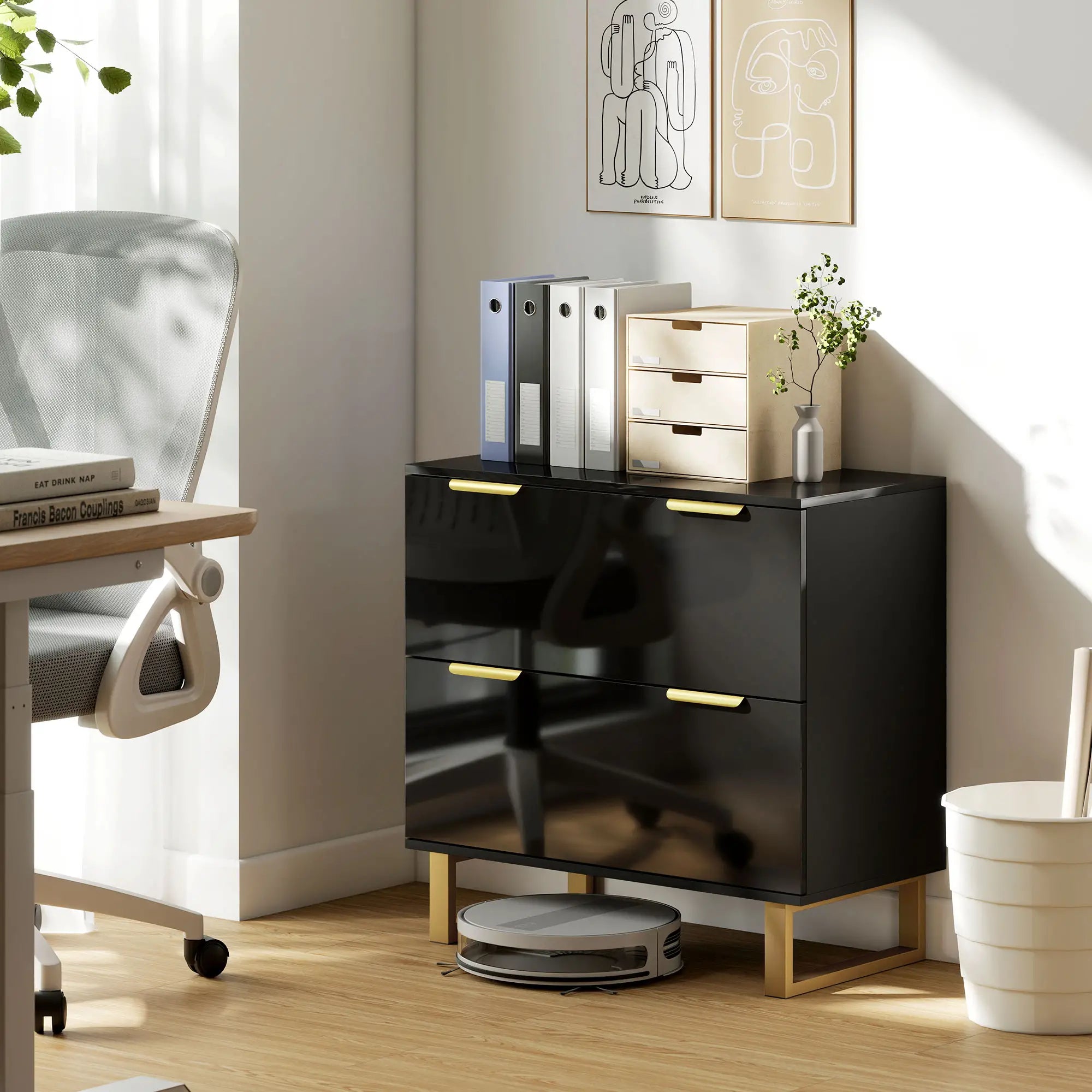 Lateral File Cabinet, 2 Drawers, Letter/A4/Legal Size, High Gloss Black Office Cabinets & Cupboards at Gallery Canada