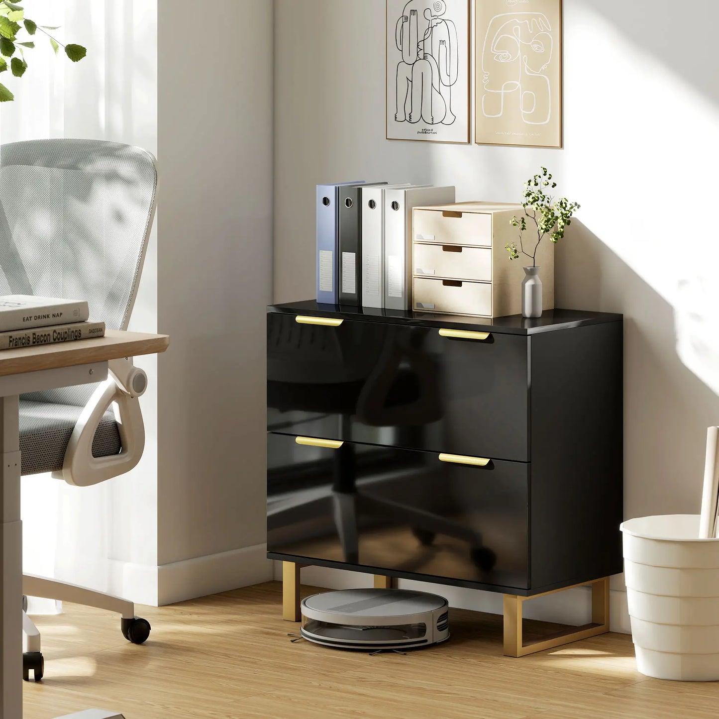 Lateral File Cabinet, 2 Drawers, Letter/A4/Legal Size, High Gloss Black Office Cabinets & Cupboards at Gallery Canada