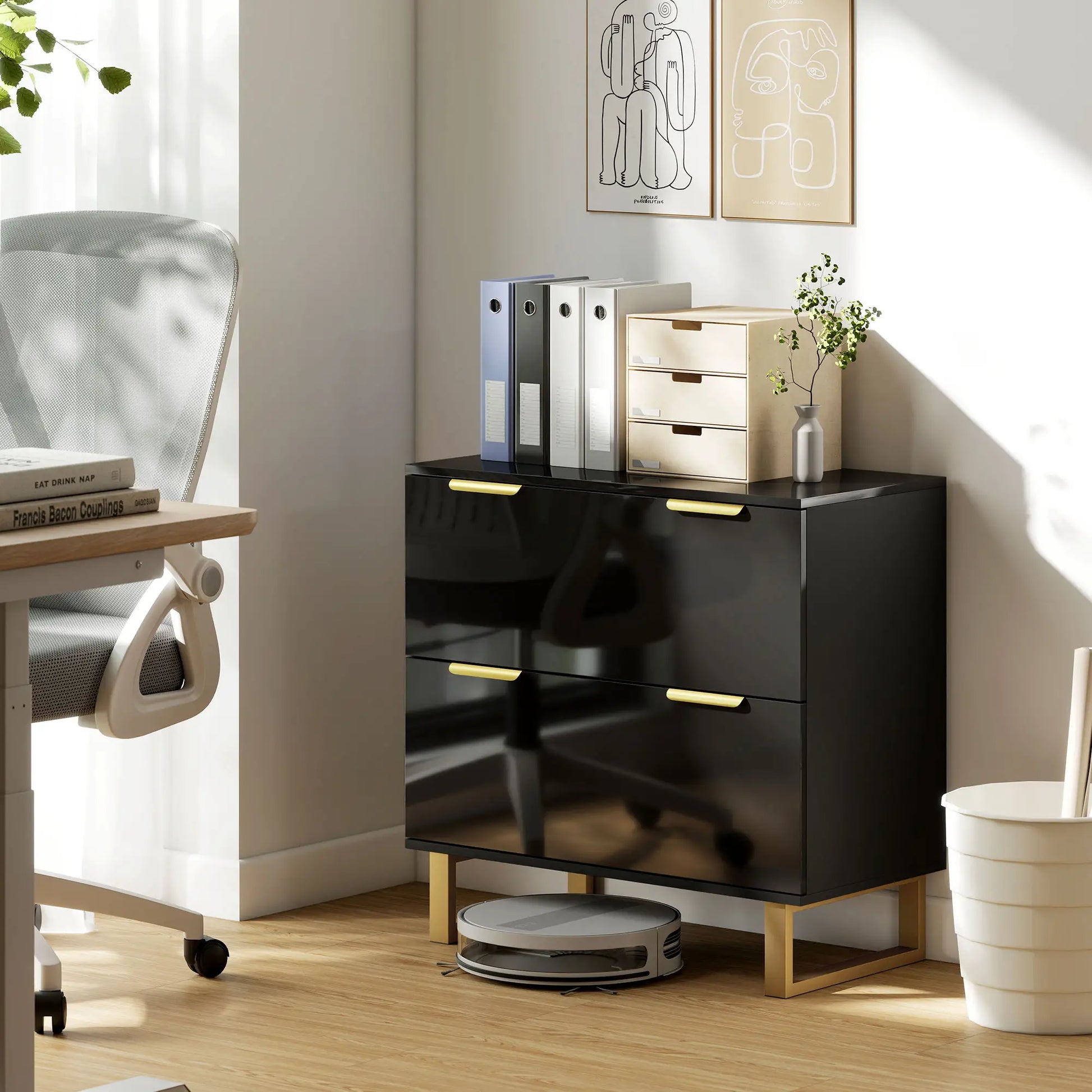 Lateral File Cabinet, 2 Drawers, Letter/A4/Legal Size, High Gloss Black Office Cabinets & Cupboards at Gallery Canada