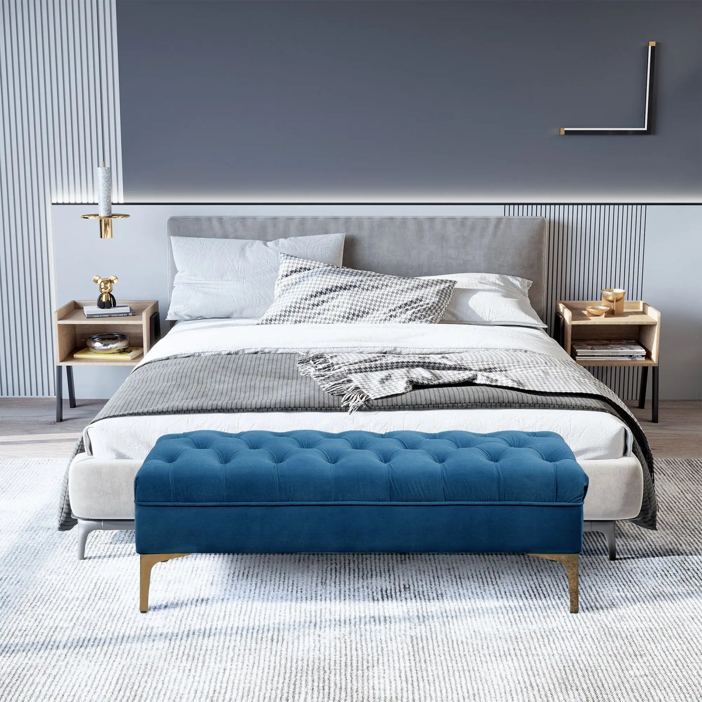 Upholstered End of Bed Bench, Button Tufted, 36 Inches, Blue Storage Ottomans & Benches at Gallery Canada