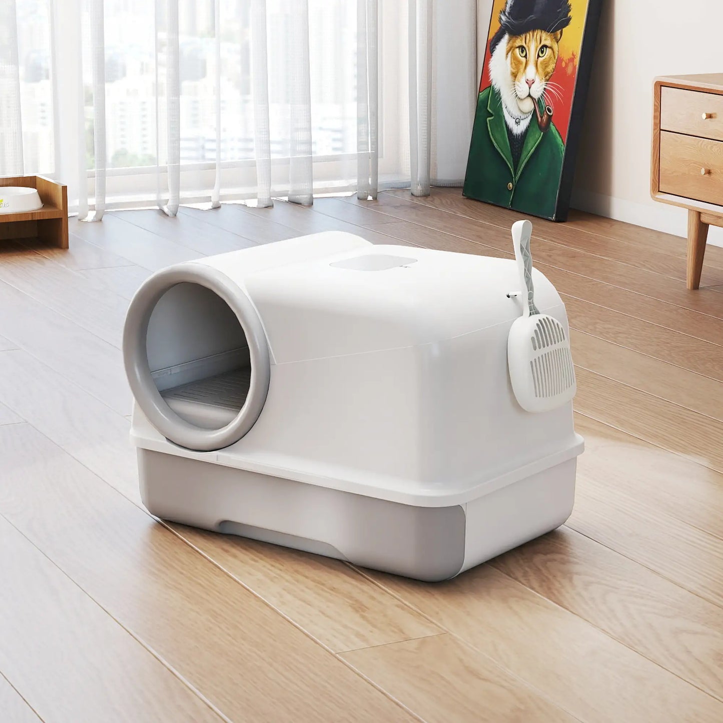 Hooded Cat Litter Box, Easy Clean Drawer, Odor Control, White Grey Cat Litter Box Enclosures at Gallery Canada
