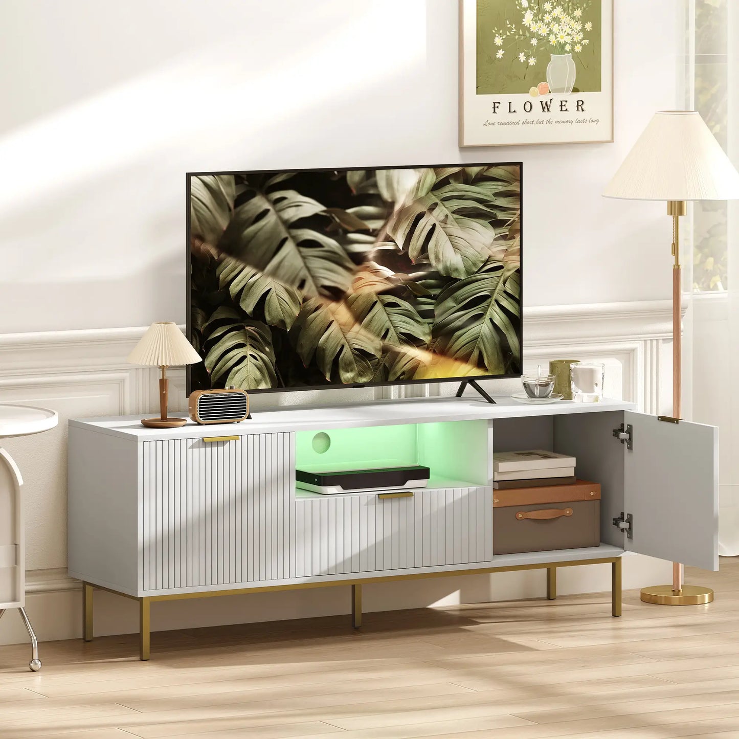 TV Console For 50 Inch TVs, Smart RGB LED Lights, Soft Close Doors, White TV Stands at Gallery Canada