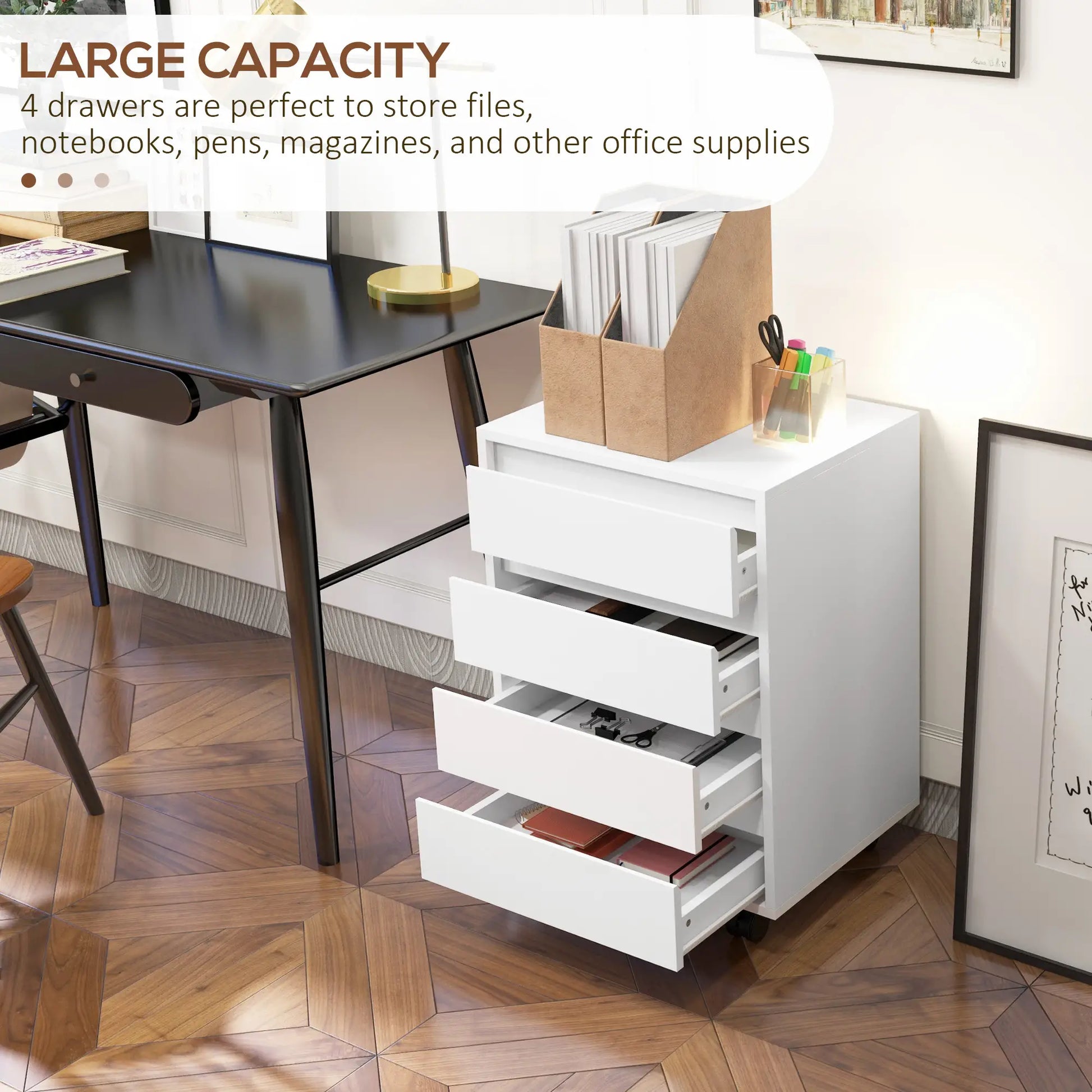 4 Drawer File Cabinet, Vertical Filing with Wheels, Printer Stand, White Office Cabinets & Cupboards at Gallery Canada
