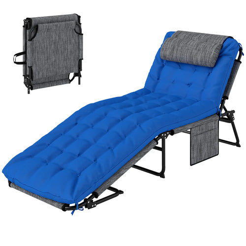 Folding Lounge Chair, 4-Level Reclining Back, Cushion, Blue