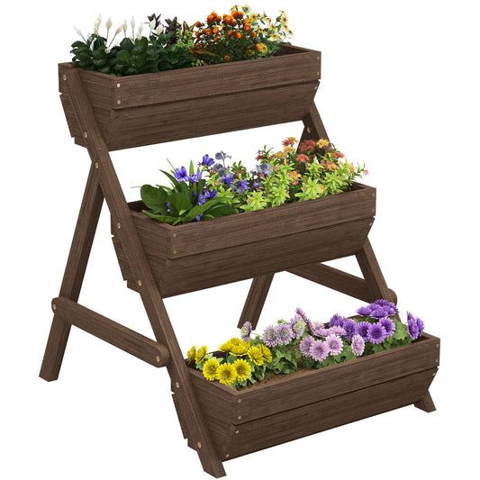 3 Tier Elevated Planter Box, Wooden Raised Garden Bed, 26" x 30" x 30", Carbonized Elevated Garden Beds Brown at Gallery Canada