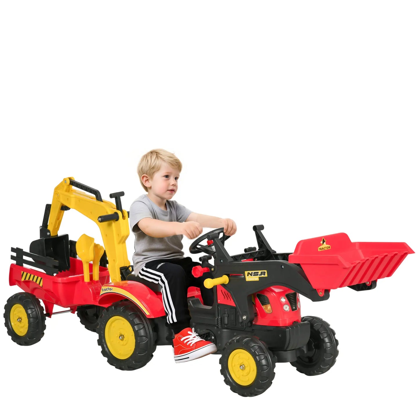 3 in 1 Kids Ride On Excavator Toy, 6 Wheels, Bulldozer with Trailer Toy Excavators Red at Gallery Canada