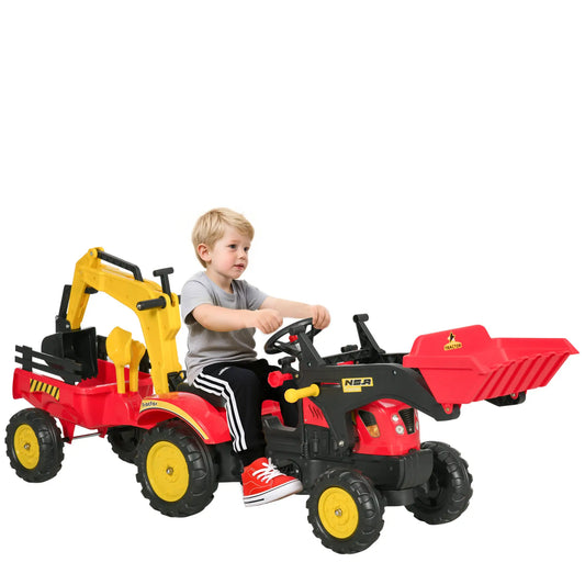 3 in 1 Kids Ride On Excavator Toy, 6 Wheels, Bulldozer with Trailer Toy Excavators Red at Gallery Canada