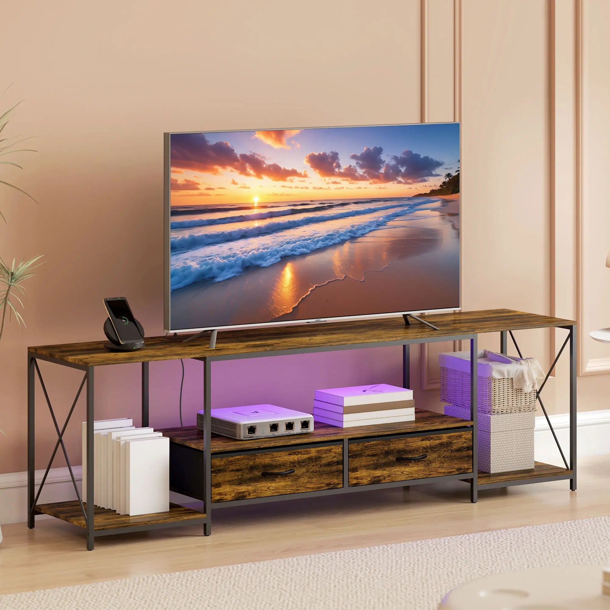 Industrial TV Stand For 60 Inch TV, Rustic Brown, With Charging Station And RGB LED Lights, Brown TV Stands at Gallery Canada