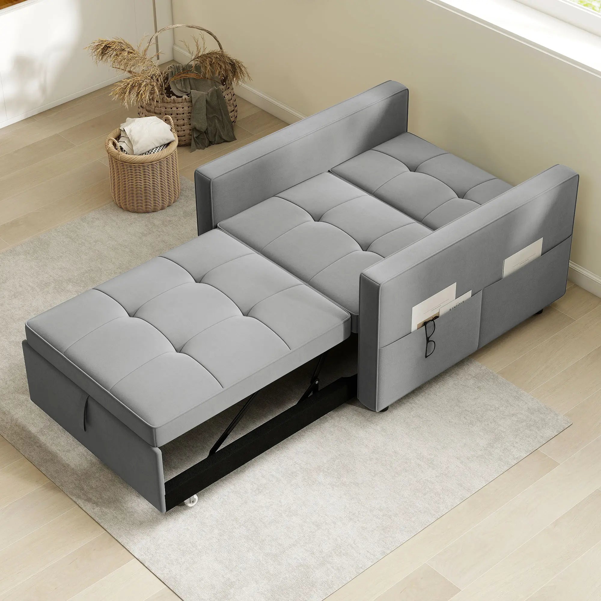 Convertible Chair Bed, Pull Out Sleeper with USB, Adjustable Backrest, Velvet Futon, Grey Single Sofas at Gallery Canada