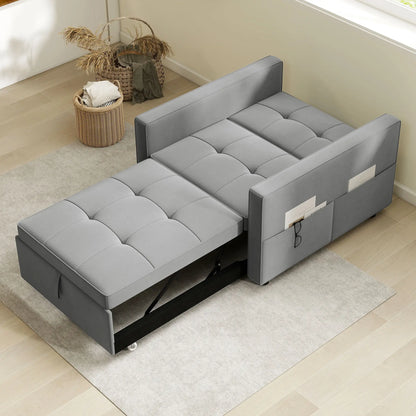 Convertible Chair Bed, Pull Out Sleeper with USB, Adjustable Backrest, Velvet Futon, Grey Single Sofas at Gallery Canada