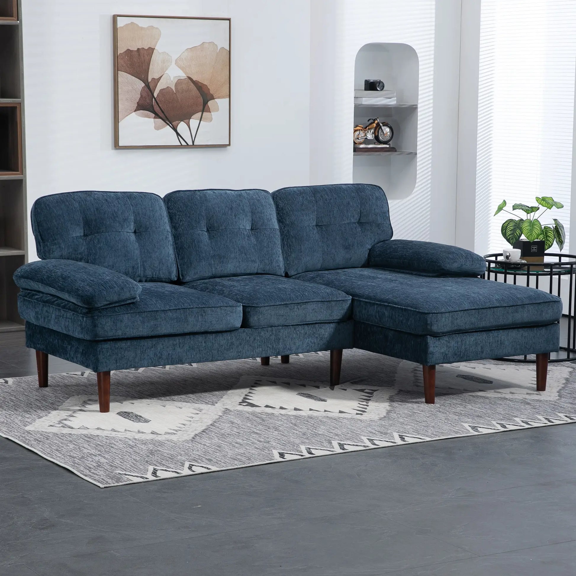 Modern Corner Couch, Right Chaise Lounge, Tufted 3-Seater Sofa, Wooden Legs, Navy Blue 3-Seater Sofas at Gallery Canada
