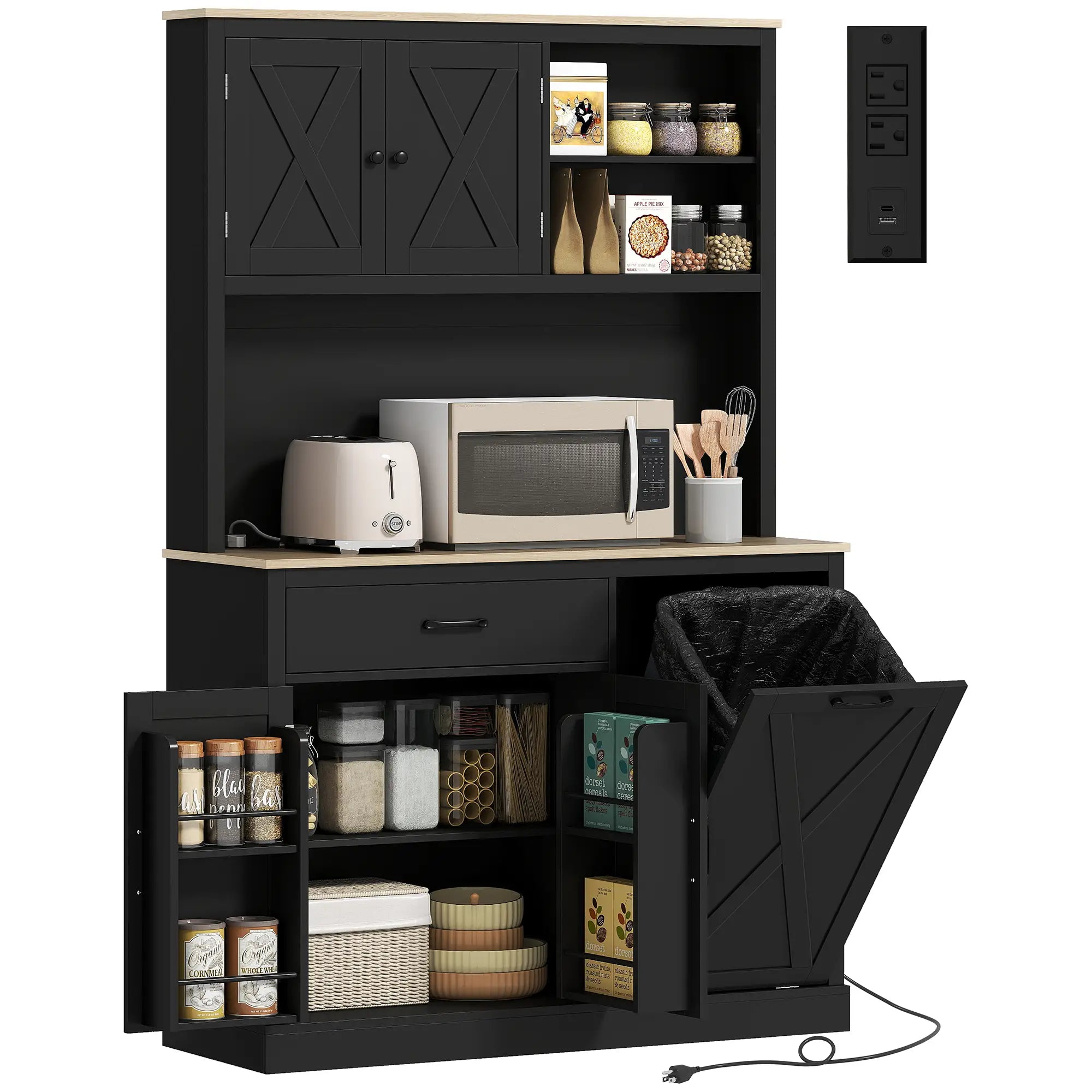 69 Inch Pantry Cabinet with Charging Station, Microwave Stand, Tilt-Out Trash Can, Black Kitchen Pantry Cabinets Black, Oak at Gallery Canada
