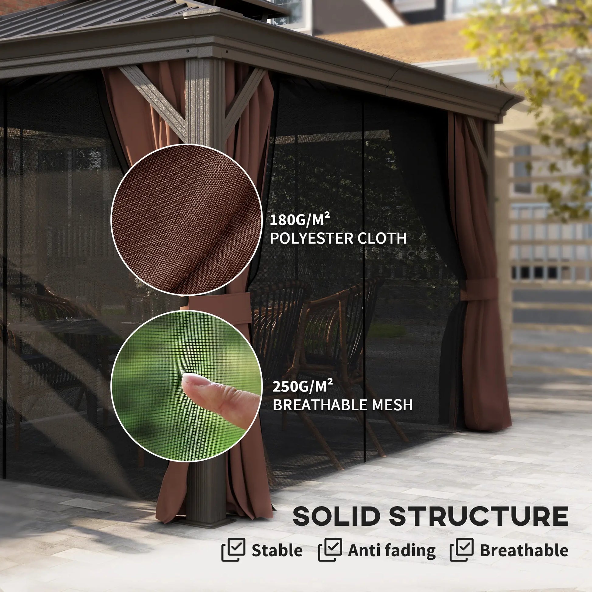 10' x 12' Outdoor Hardtop Gazebo, Galvanized Canopy, Netting Sidewalls, Dark Brown Gazebos at Gallery Canada