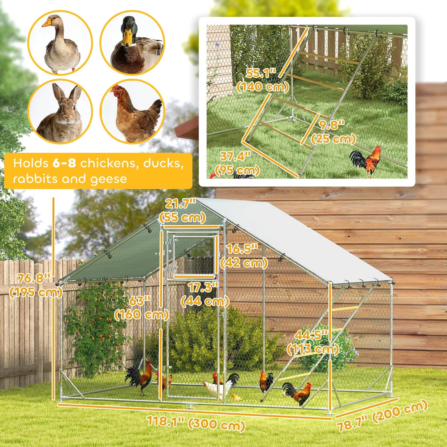 Large Metal Chicken Run, Waterproof UV-Resistant Cover, Feeding Door, Hanging Feeder, Perch for 6-8 Chickens Chicken Coops at Gallery Canada