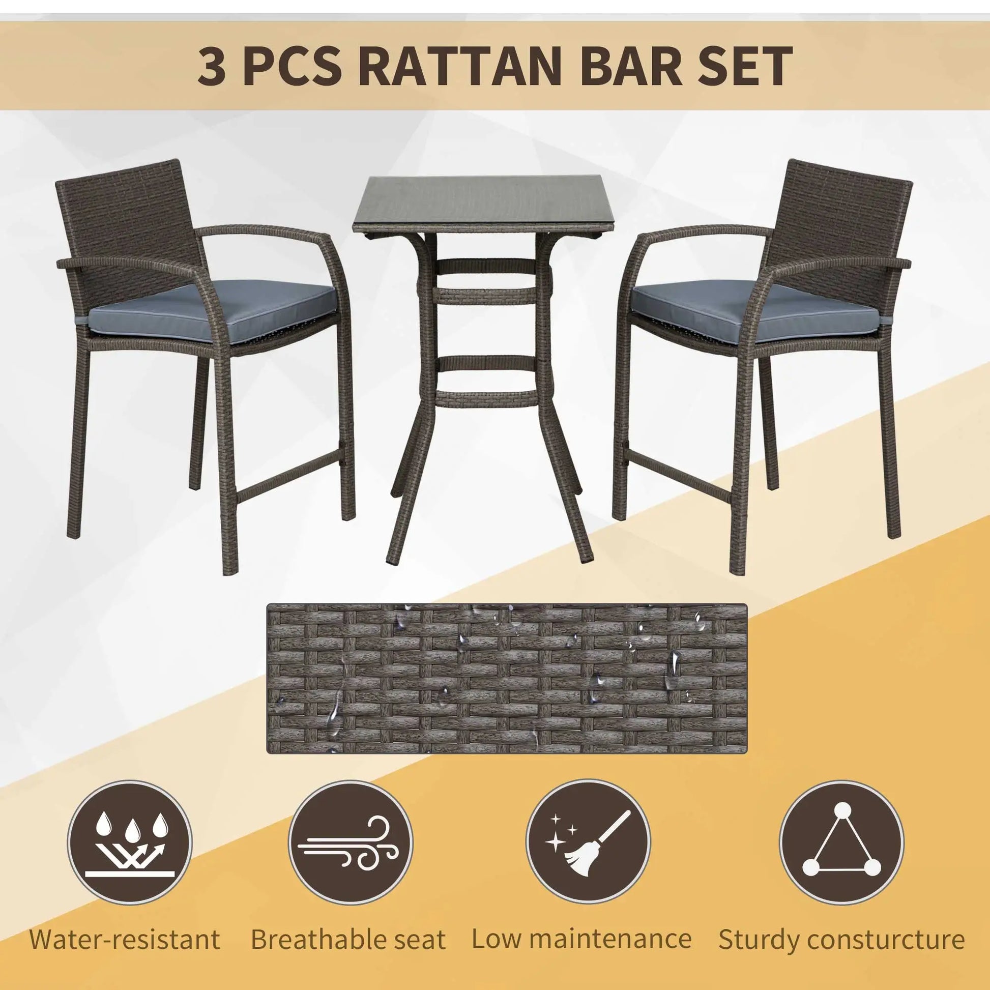 3-Piece Patio Bar Set, Wicker Bistro, PE Rattan Table and Stools, Grey Bistro Sets at Gallery Canada
