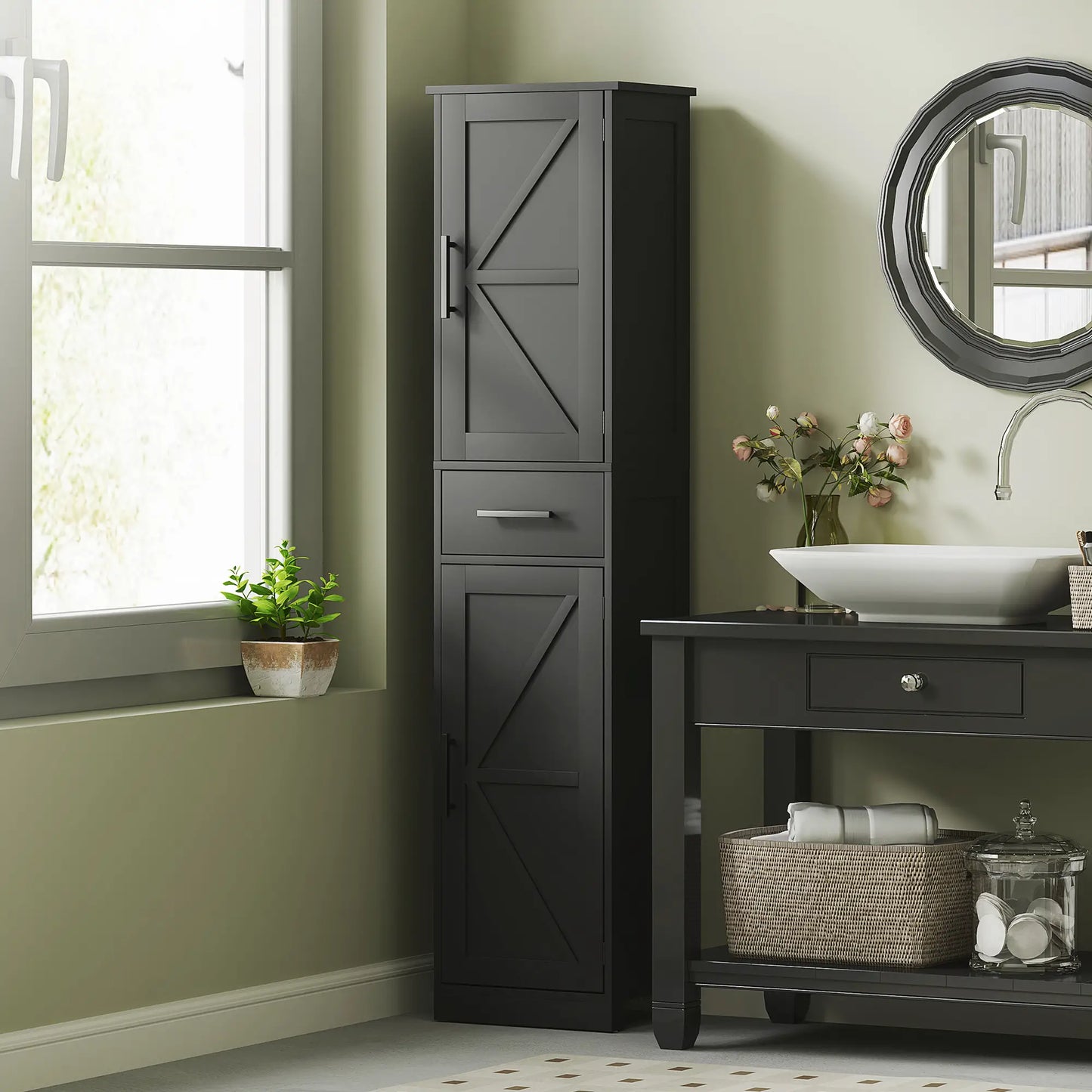 67" Tall Bathroom Cabinet, Narrow Storage with Drawer, Barn Doors, Adjustable Shelves, Black Bathroom Cabinets at Gallery Canada