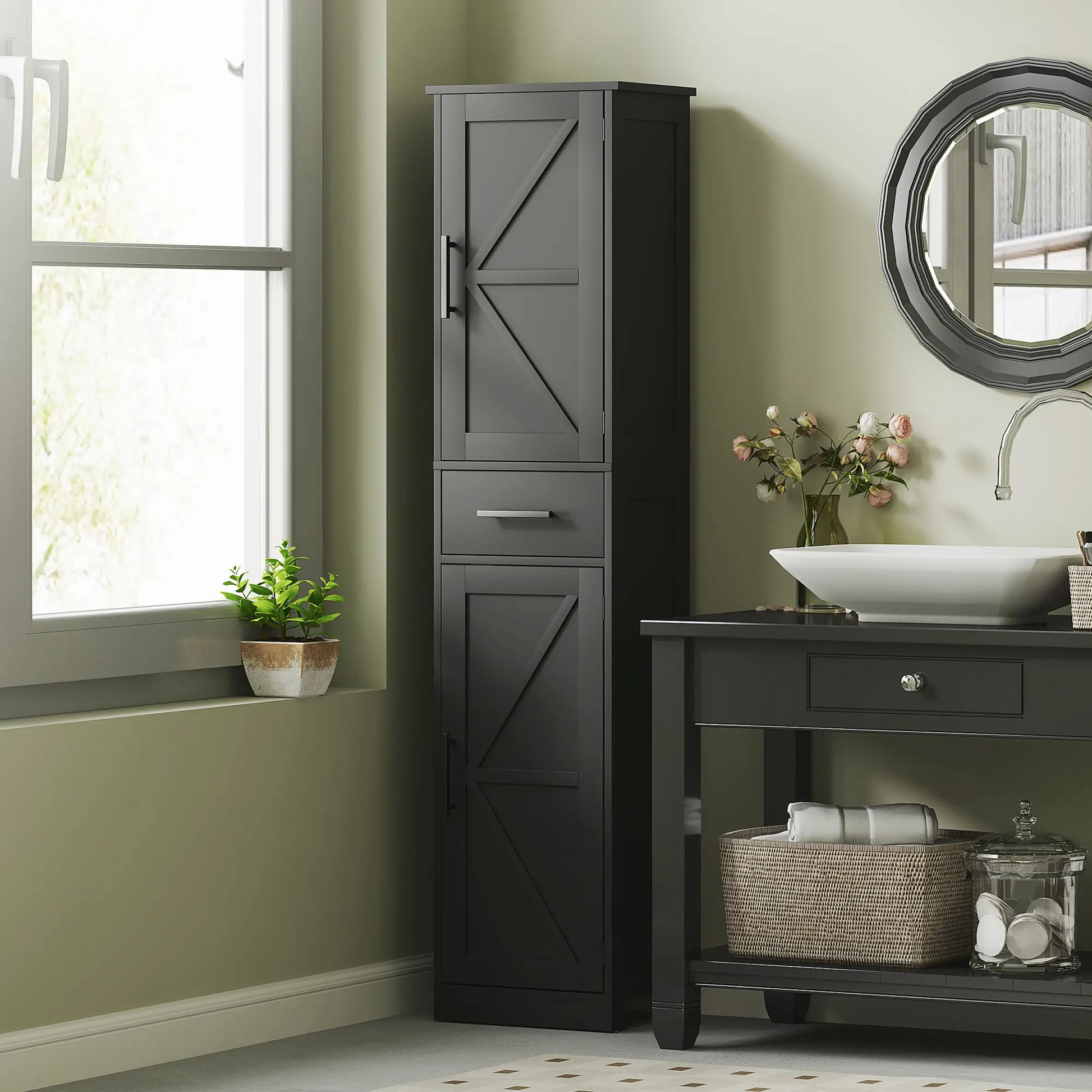 67" Tall Bathroom Cabinet, Narrow Storage with Drawer, Barn Doors, Adjustable Shelves, Black Bathroom Cabinets at Gallery Canada
