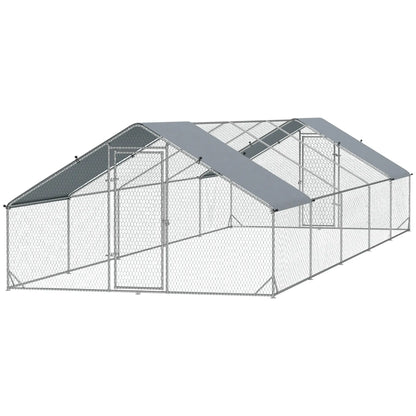 Metal Chicken Coop, Water UV Protection Cover, 9.8' x 32.8' x 6.4' Chicken Coops Silver at Gallery Canada