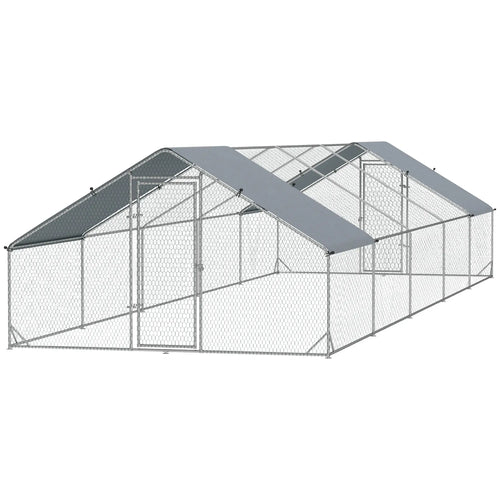 Metal Chicken Coop, Water UV Protection Cover, 9.8' x 32.8' x 6.4'