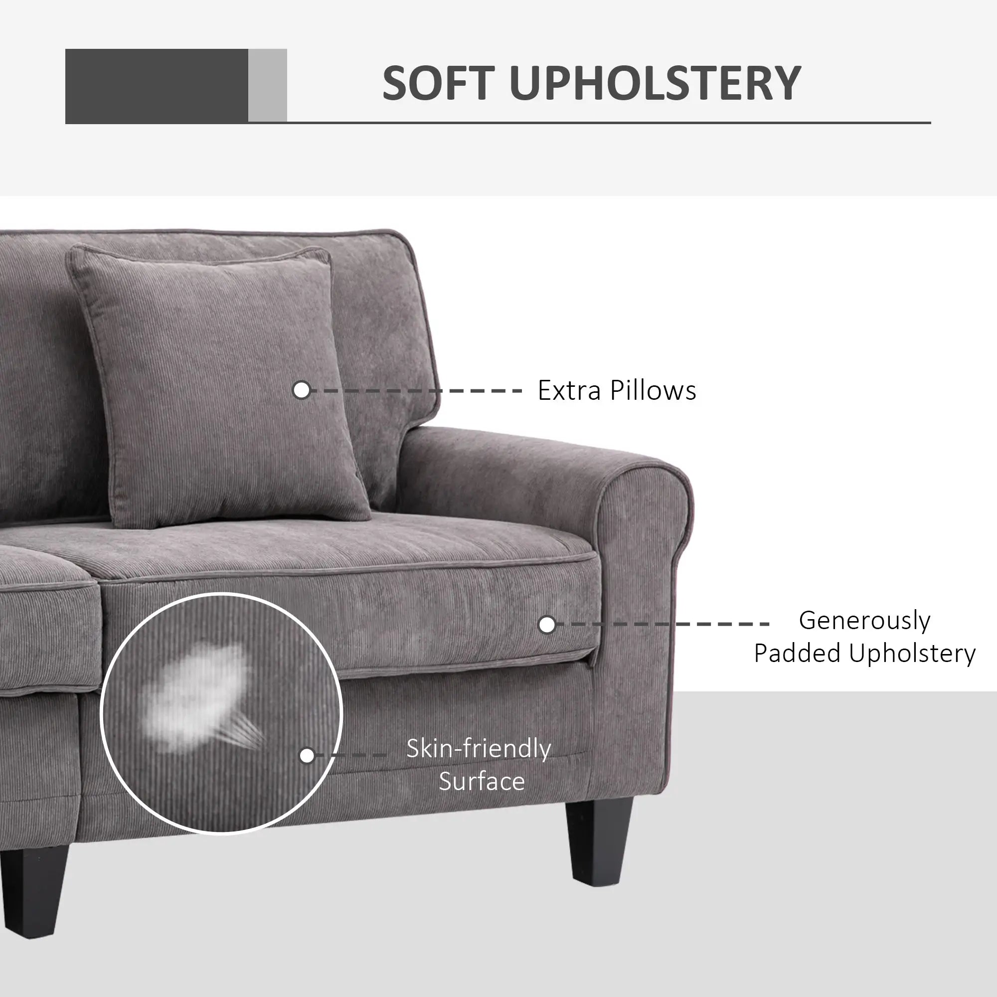 Modern 3 Seater Sofa, Corduroy Fabric, Pine Wood Legs, Light Grey 3-Seater Sofas at Gallery Canada