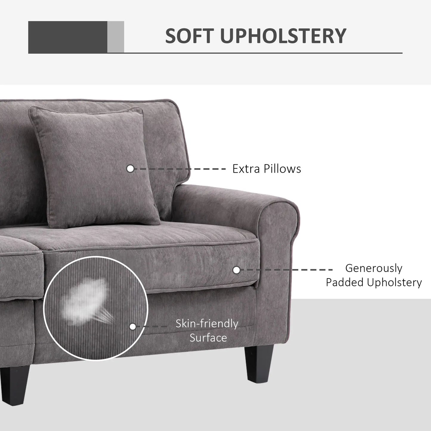 Modern 3 Seater Sofa, Corduroy Fabric, Pine Wood Legs, Light Grey 3-Seater Sofas at Gallery Canada