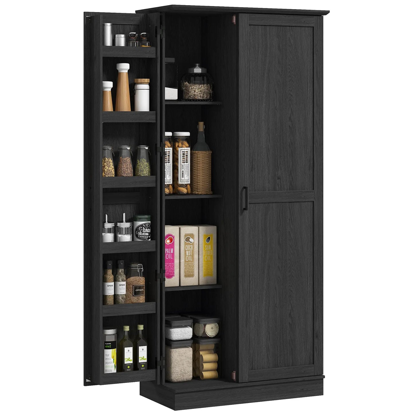 70" Tall Kitchen Pantry Cabinet, Adjustable Shelves, Black Wood Grain, Black Kitchen Pantry Cabinets at Gallery Canada
