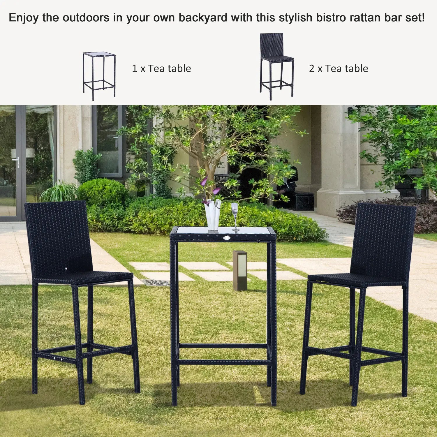 3 Piece Patio Bar Set, Wicker Rattan Bistro Table & 2 Stools, Black Bistro Sets at Gallery Canada