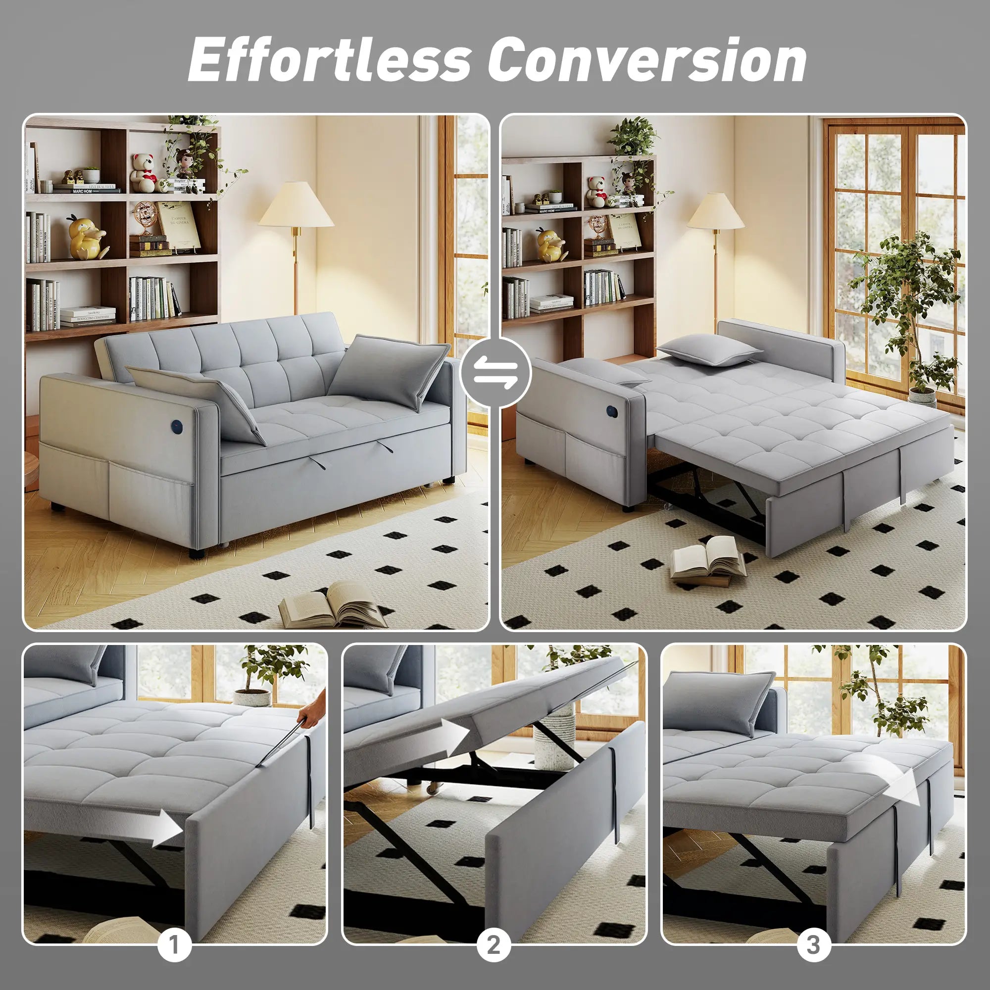 3-In-1 Convertible Sofa Bed, Pull Out Sleeper, Adjustable Backrest, Light Grey 2-Seater Sofas at Gallery Canada