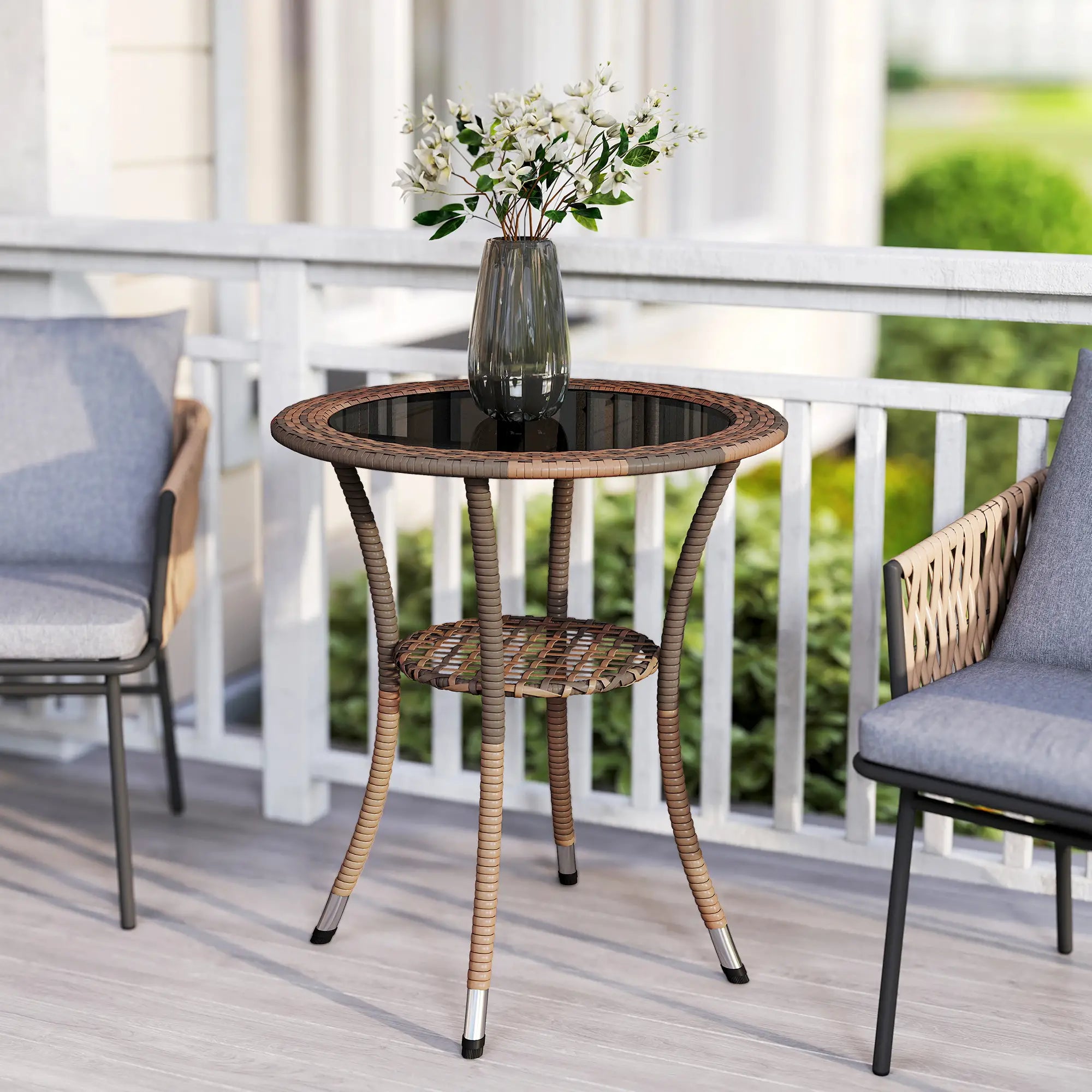 Outdoor Rattan Dining Table, Round Wicker Coffee Table with 2-Tier Shelf, Brown Patio Dinning Tables at Gallery Canada