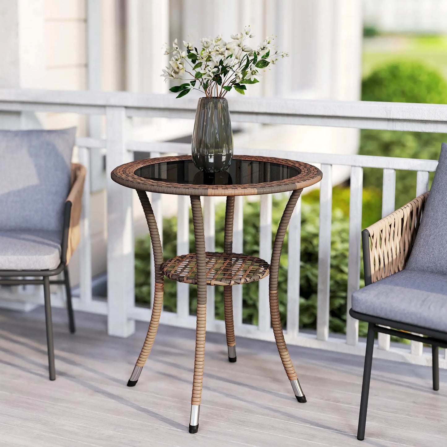 Outdoor Rattan Dining Table, Round Wicker Coffee Table with 2-Tier Shelf, Brown Patio Dinning Tables at Gallery Canada