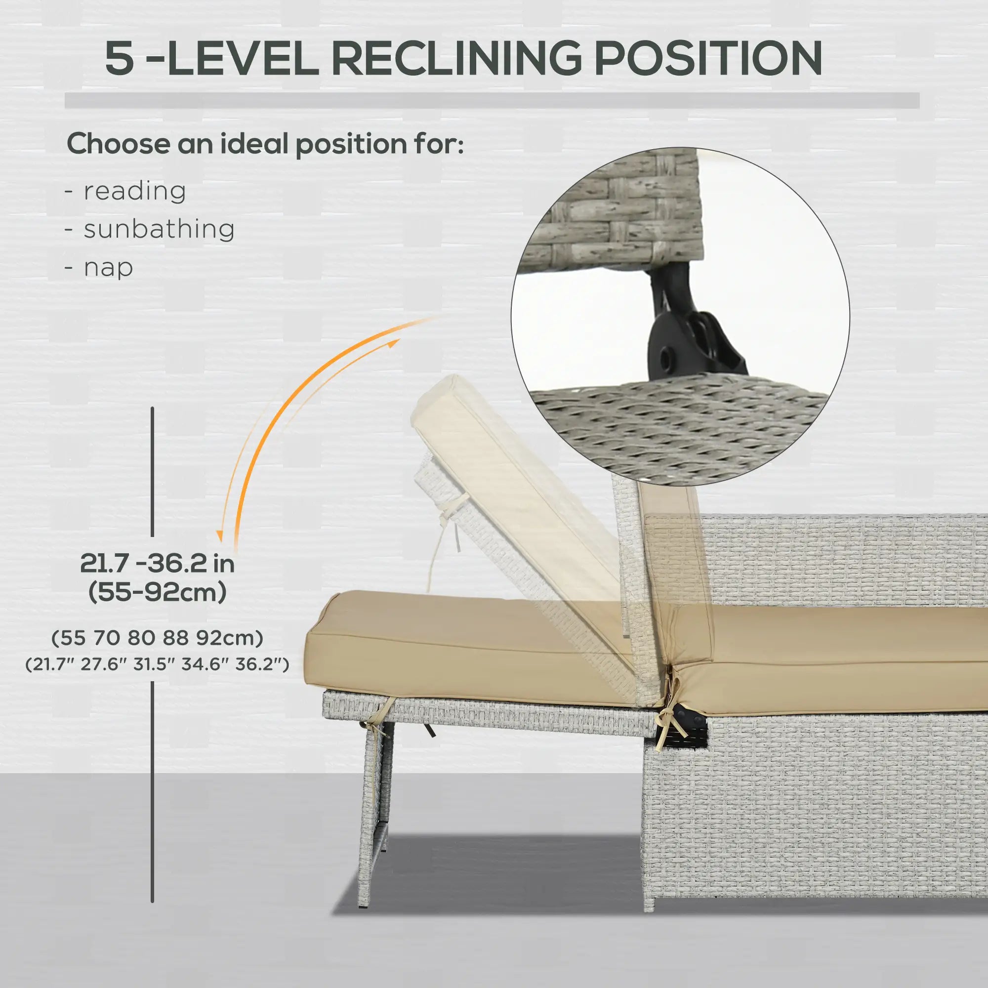 5PC Wicker Patio Lounger, Adjustable Recliner Sofa Bed, Storage Side Table, Footstools, Khaki Chaise Loungers at Gallery Canada