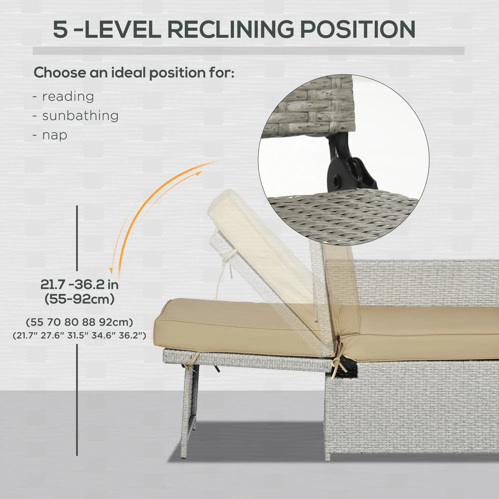 5PC Wicker Patio Lounger, Adjustable Recliner Sofa Bed, Storage Side Table, Footstools, Khaki Chaise Loungers at Gallery Canada